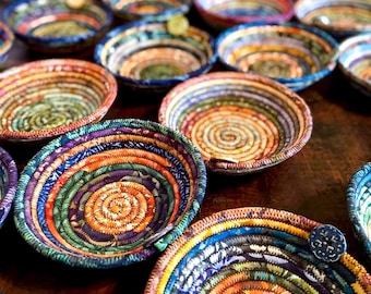 Handcrafted Batik Fabric Cotton Rope Coiled Bowl / Customizable Colors