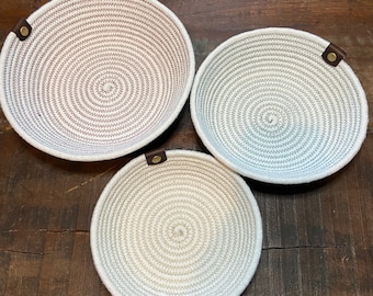 Round Cotton Rope Baskets with DARK ESPRESSO Leather Tab / Coaster Baskets