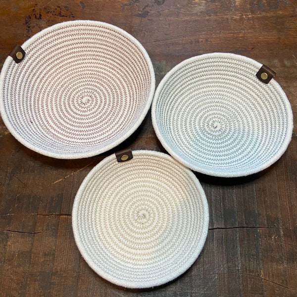 Round Cotton Rope Baskets with DARK ESPRESSO Leather Tab / Coaster Baskets
