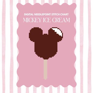 May include: Digital needlepoint stitch chart featuring a pixelated Mickey Mouse ice cream bar. The ice cream is brown with a white accent, on a beige stick, set against a pink background with the text "Mickey Ice Cream".