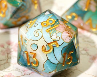 Juego de dados D&D de 7 piezas con diseño de flor de cerezo para Dungeons and Dragons, dados para regalos de D&D, dados de resina para regalo para ella.