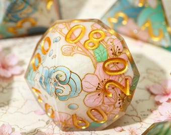 Juego de dados de resina Sakura, 7 dados poliédricos hechos a mano para DnD TTRPG, regalos de dados con temática floral para ella.