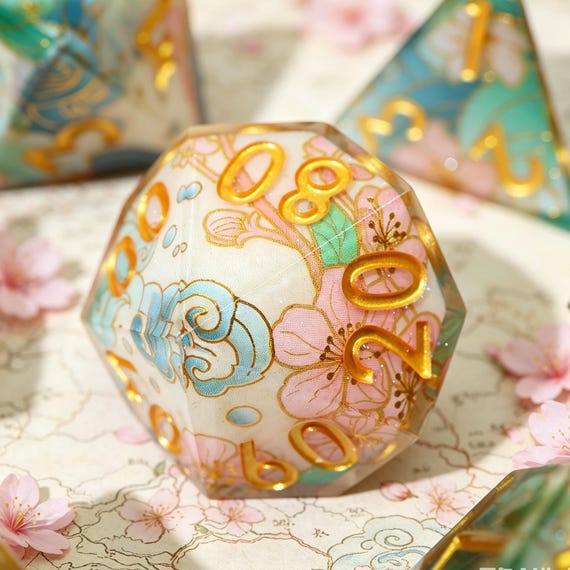 Sakura Resin Dice Set,7pcs Handmade Polyhedral Dice for DnD TTRPG, Floral Themed Dice Gifts for her