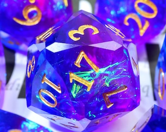 Juego de dados facetados hechos a mano, dados D&D con corte de diamante, colores azul, morado y arcoíris cambiantes, dados para juegos de rol, regalos únicos para jugadores de juegos de mesa.