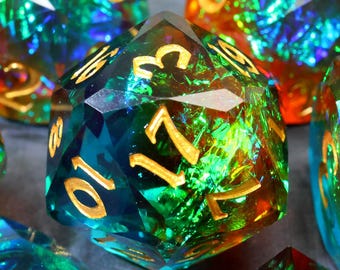 Colección de dados de resina multifacéticos con efecto prisma definitivo para juegos de rol D&D. Dados facetados de borde afilado para D&D. Regalos para el Día de la Madre.
