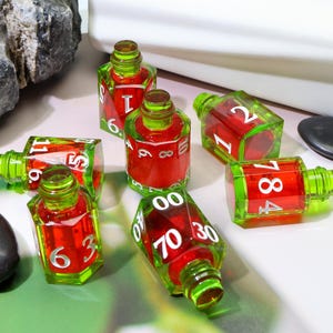 Bottle Resin Polyhedral Dice Set for DND & RPG – Potion-Inspired Liquid Core Design with Sharp Engraved Numbers, Complete 7-Piece Set Gifts