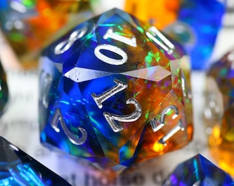 Juego de 7 dados con corte de diamante, resina holográfica brillante, kit de juego TTPRPG para DnD y juegos de rol. Regalos para jugadores, elegancia y misterio.