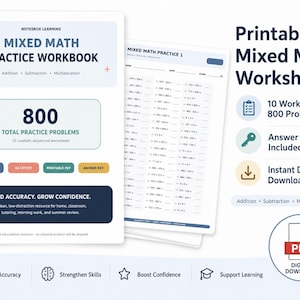 Mixed Math Worksheets, Addition Subtraction Multiplication, Math Practice, Printable Worksheets, Answer Key PDF
