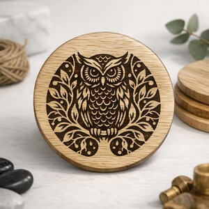 Peut inclure: Un dessous de verre rond en bois clair avec un motif gravé d'un hibou détaillé. Le hibou est entouré d'un cadre circulaire de feuilles et de branches.