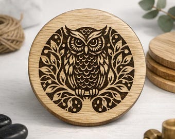 Juego de posavasos artesanales de madera de tilo con forma de búho – Acabado epoxi, juego de 4