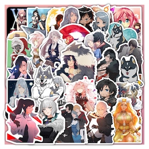 May include: A collection of colorful anime-style stickers featuring various characters. The stickers showcase a variety of designs, including people, animals, and fantasy elements. The stickers are on a white background with a pink border.