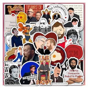 May include: A collection of colorful stickers featuring various illustrations and text. The stickers include portraits, text like "TASKMASTER" and "DADDY", and cartoon images. The overall theme is a collage of pop culture references and humorous designs.