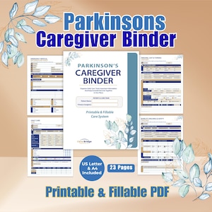 May include: A Parkinson's Caregiver Binder printable and fillable PDF set featuring a central cover page, four internal document templates, and blue watercolor leaf illustrations. The text includes Parkinson's Caregiver Binder, US Letter & A4 Included, 23 Pages, and Printable & Fillable PDF.
