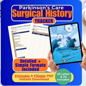 Könnte beinhalten: Ein digitales Dokumentenset Parkinson's Care Surgical History Tracker mit detaillierten und einfachen Protokollen zur Operationshistorie. Die Darstellung umfasst ein Tablet mit einer Operationsszene sowie druckbare und ausfüllbare PDF-Formate.