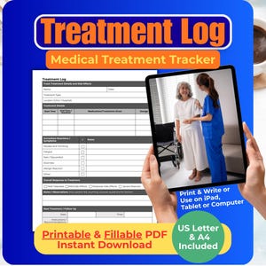 Peut inclure: Un journal de traitement bleu et blanc avec le texte "Treatment Log" et "Medical Treatment Tracker". L'image montre une tablette avec une photo d'un professionnel de la santé aidant un patient. Inclut les formats US Letter et A4.