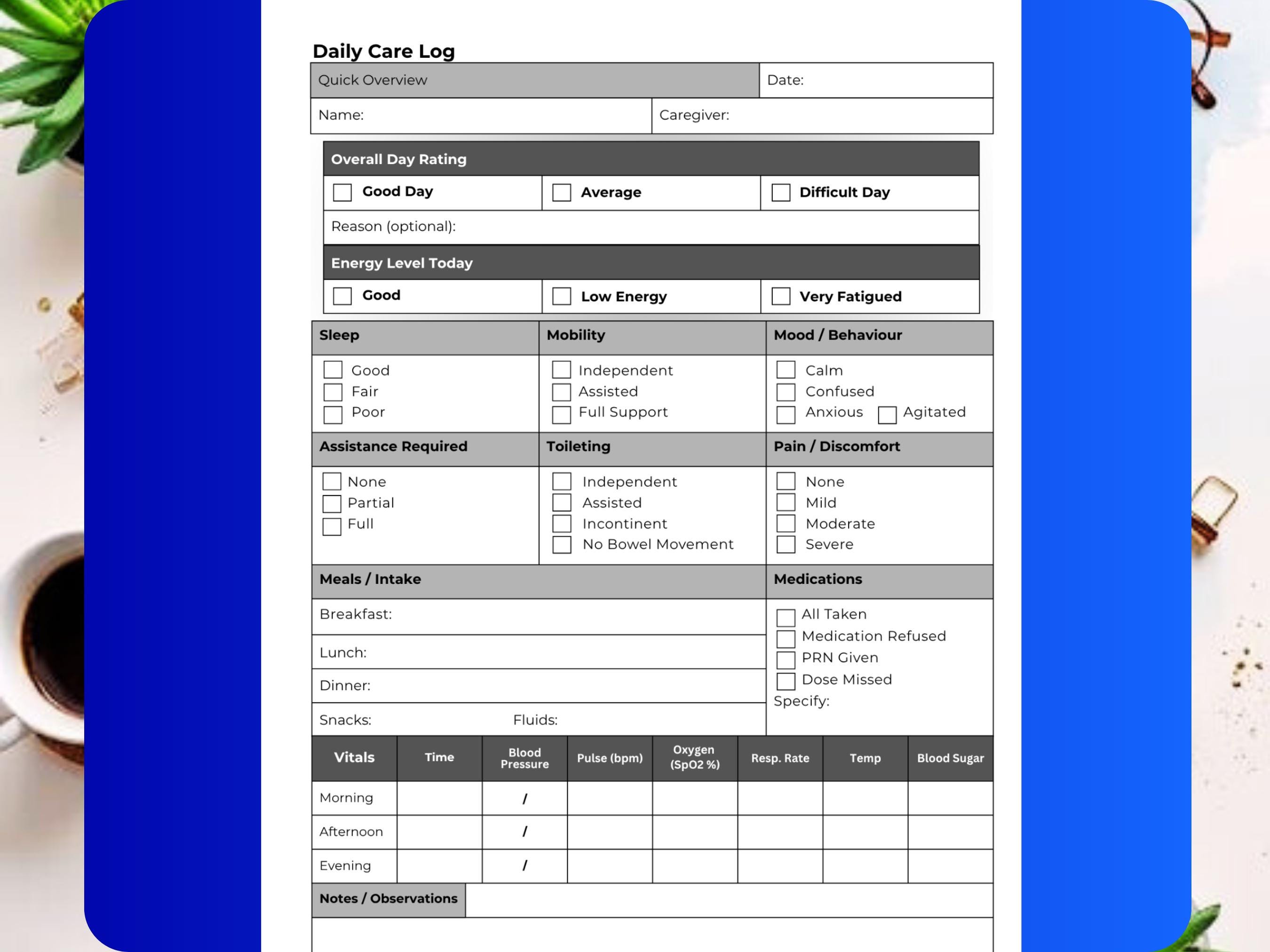 Daily Care Log Printable | Caregiver Daily Tracking Sheet | Symptoms ...