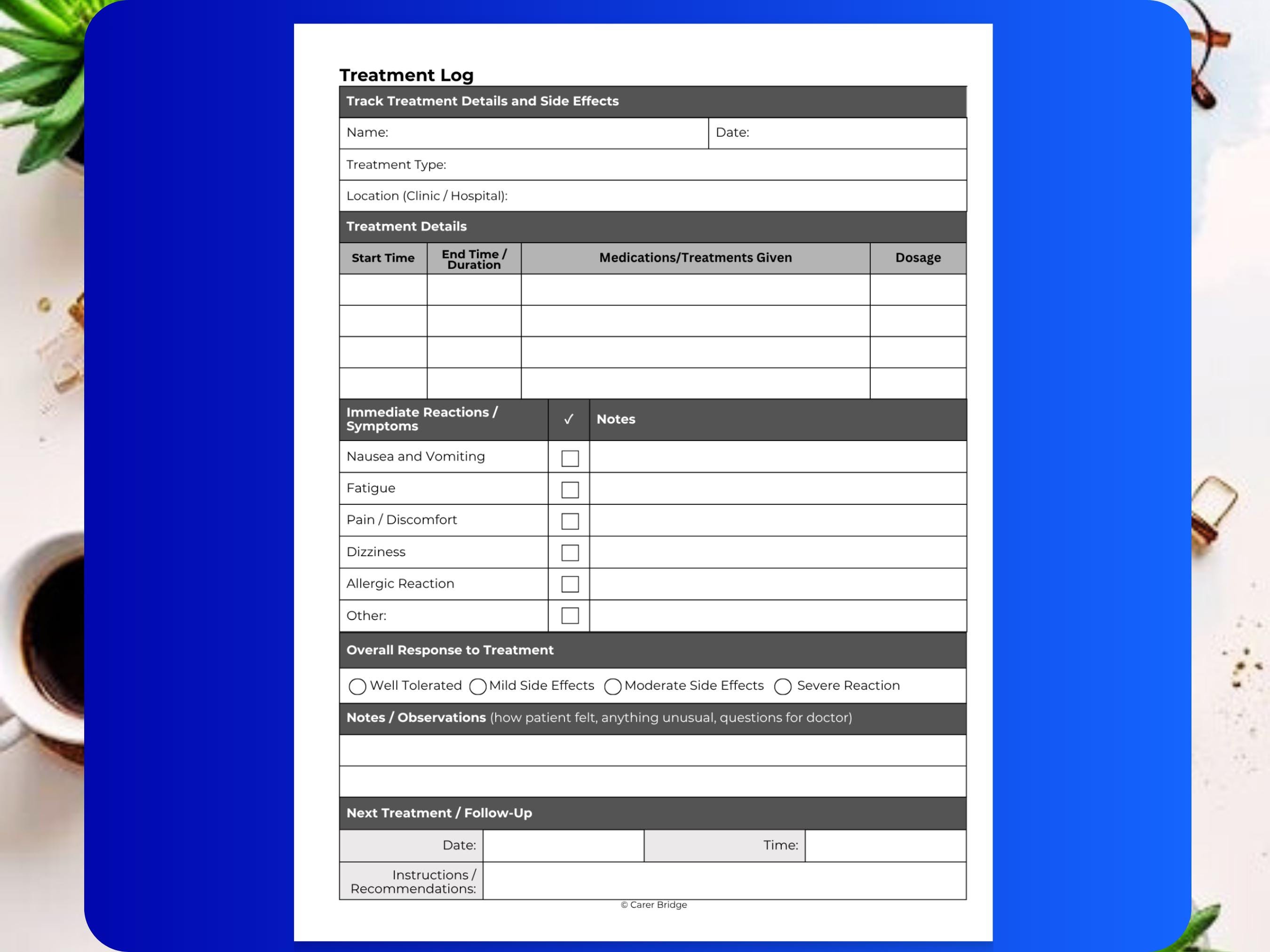 Treatment Log Printable PDF | Medical Treatment Tracker | Medication ...