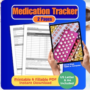 以下が含まれることがあります： 「Medication Tracker」と「2 Pages」の文字が入った青と黄色のグラフィック。画像には、印刷可能なPDFフォームと、薬のブリスターパックを表示するタブレットが表示されています。「Printable & Fillable PDF Instant Download」の文字も表示されています。