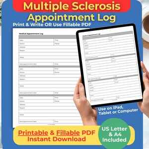 Może przedstawiać: Cyfrowy dziennik wizyt lekarskich dla stwardnienia rozsianego, przeznaczony do druku lub użytku jako plik PDF z możliwością wypełniania. Dziennik zawiera sekcje na datę, lekarza, adres i notatki. Obrazek przedstawia również tablet wyświetlający dziennik, z tekstem wskazującym na kompatybilność z iPadem, tabletami i komputerami. Dołączone są formaty US Letter i A4.