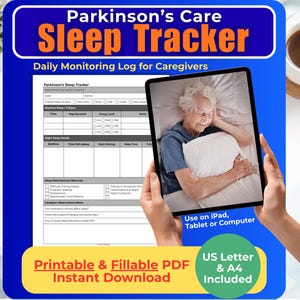 Registro de sueño para personas con Parkinson (imprimible) / Registro de sueño para cuidadores de personas con Parkinson / Tabla de seguimiento del sueño y la fatiga (PDF rellenable) para el cuidador