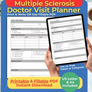 Może przedstawiać: Cyfrowy planer wizyt lekarskich dla osób ze stwardnieniem rozsianym, przeznaczony do druku lub jako wypełnialny plik PDF. Planer zawiera sekcje dotyczące ogólnego stanu zdrowia, incydentów, zauważonych zmian i pytań do lekarza. Zawiera rozmiary US Letter i A4.