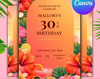 Invitación de cumpleaños tropical veraniega en rosa y naranja / Descarga digital editable / Tropical, playa, Hawái, puesta de sol, isla, vacaciones, hibisco