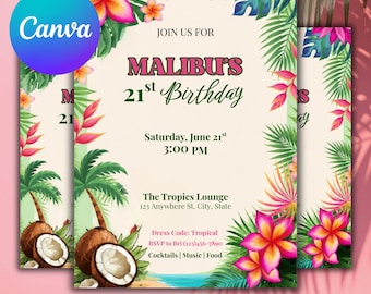 Invitación de cumpleaños tropical en rosa y verde / Verano, playa, atardecer, Hawái, fiesta en la piscina, motivos florales y vegetación, plantilla de descarga digital