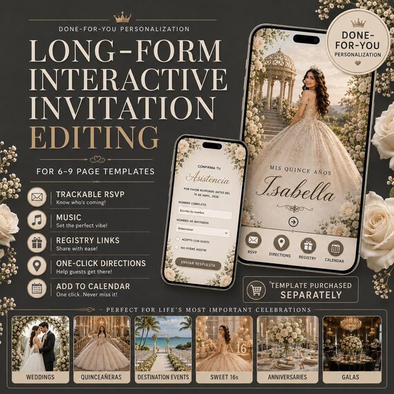 Custom Wedding, Quinceañera Website Invitation with Trackable RSVP, Music, Registry Links/Photos | Send via Text/Phone, Email | Personalized
