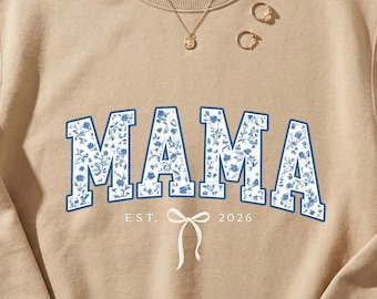 Sudadera con estampado floral MAMA / Cuello redondo Mama, aplique de flores azules