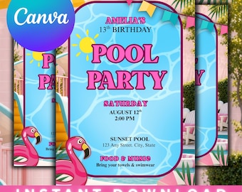 Invitación de cumpleaños con temática retro de fiesta en la piscina / Fiesta en la piscina, playa, tropical, flamencos, chapoteo, junto a la piscina / Plantilla editable, descarga digital