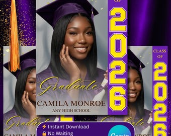 Plantilla de invitación digital personalizada para graduación con foto 2026, editable en Canva, invitación para fiesta en morado, amarillo y dorado.