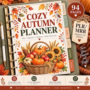 May include: A spiral-bound planner titled Cozy Autumn Planner with a cover illustration of a wicker basket filled with pumpkins, apples, sunflowers, and wheat. The planner features colorful tabs labeled Planning, Recipes, Home, Lists, Memories, and Notes.