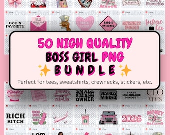 Paquete de 50 imágenes PNG de BOSS GIRL: estética, motivación, frases de chicas malas, imágenes prediseñadas de negocios femeninas, emprendedoras, pegatinas, imágenes digitales.