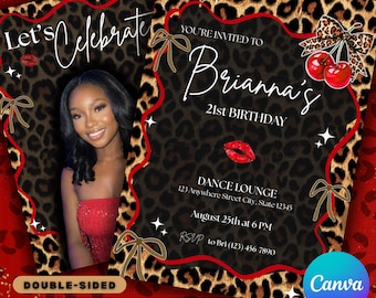 Invitación de cumpleaños personalizada con estampado de leopardo, foto, roja y negra con cerezas, editable con Canva, descarga digital, Evite, descarga instantánea.