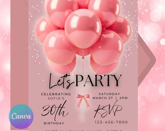 Invitación de cumpleaños rosa, globos femeninos editables (descarga digital), plantilla de invitación, invitación de mujer, evite de cumpleaños, plantilla digital, canva