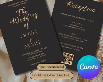 Invitación de boda negra, elegante, moderna y minimalista, con detalles en beige.