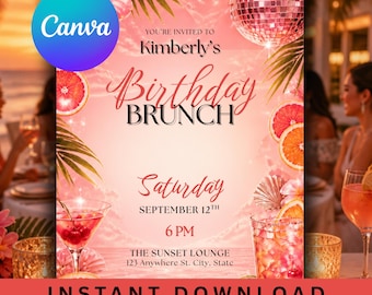 Plantilla de invitación para brunch de cumpleaños con temática de atardecer rosa / Velada, Discoteca, Tropical, Cítricos, Cóctel, Atardecer, Elegante, Con clase / Descarga digital / De moda