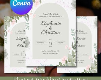 Plantilla de invitación de boda minimalista elegante, invitación editable de eucalipto para guardar la fecha, invitación de Canva con vegetación de rosas blancas, invitación DIY, botánica