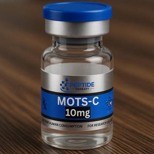 May include: A clear glass vial with a blue cap and silver band. The label reads "MOTS-C 10mg" with "PEPTIDE THERAPY" above. The vial is marked "NOT FOR HUMAN CONSUMPTION" and "FOR RESEARCH USE ONLY".