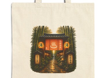 Onsen Tote Bag | Japanese Bamboo Night Hot Spring Canvas Tote | Zen Gift Bag