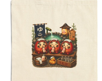 Daruma Onsen Tote Bag | Japanese Lucky Doll Canvas Tote | Cute Gift Bag