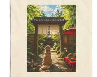 Japanese Bamboo Garden Tote Bag | Golden Retriever Japan Art | Red Wagasa Tote