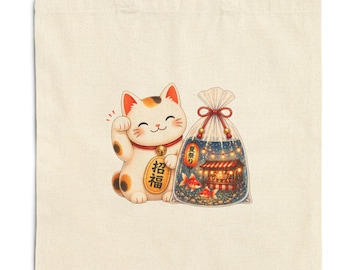 Lucky Cat Tote Bag | Japanese Maneki Neko Canvas Tote | Cute Gift Bag