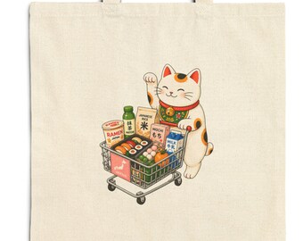 Shopping Cat Tote Bag | Japanese Maneki Neko Canvas Bag | Cute Gift