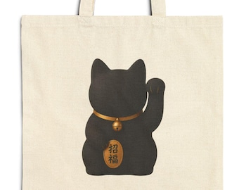 Minimal Maneki Neko Tote Bag | Japanese Lucky Cat Design | Black Gold Japandi Bag