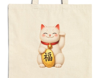 Maneki Neko Tote Bag | Japanese Lucky Cat Canvas Bag | Minimal Good Fortune