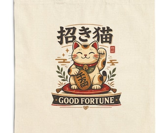 Lucky Cat Tote Bag | Good Fortune Maneki Neko Canvas Tote | Japanese Gift Bag