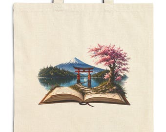 Japanese Storybook Tote Bag | Mount Fuji & Torii Landscape Canvas Bag | Japandi Japan Art Tote