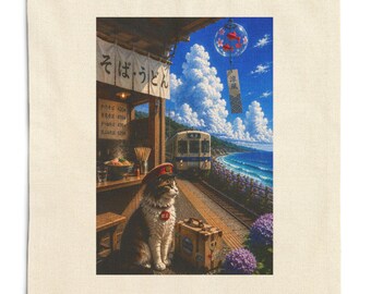 Japanese Summer Station Tote Bag | Seaside Cat & Soba Shop Design