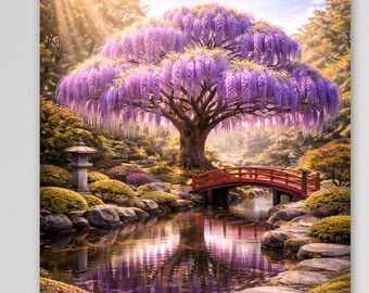 Wisteria Garden Bridge Poster | Japanese Wisteria Wall Art | Spring Garden Landscape Print
